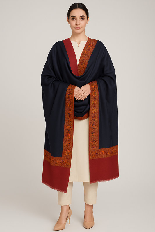 Navy & Maroon Pashmina Shawl with Aari Embroidered Border