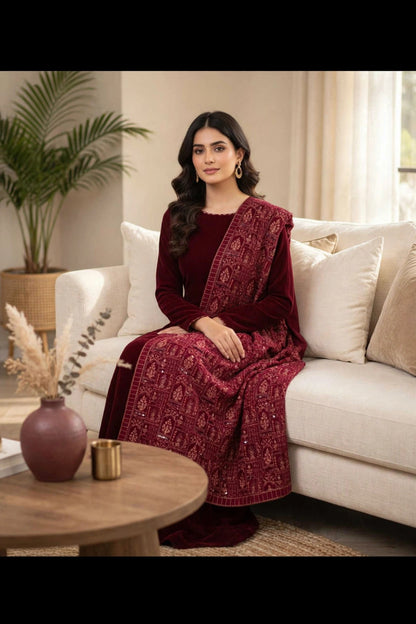 Burgundy Velvet Pakistani Dress with Heavily Embroidered Shawl