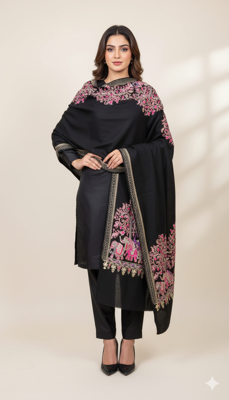 Pashmina Shawl with Elephant Embroidered Border