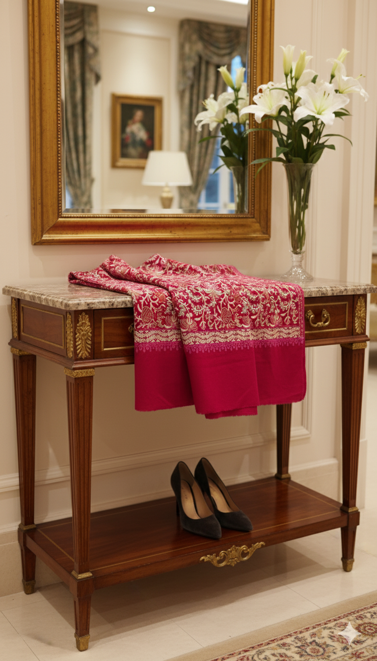 Ruby Bloom Pashmina Shawl  Embroidered Elegance