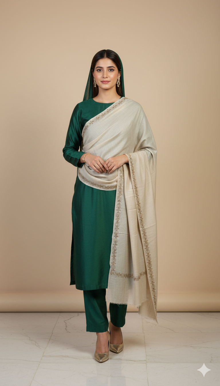 Classic Beige Pashmina Shawl with Subtle Border Detailing