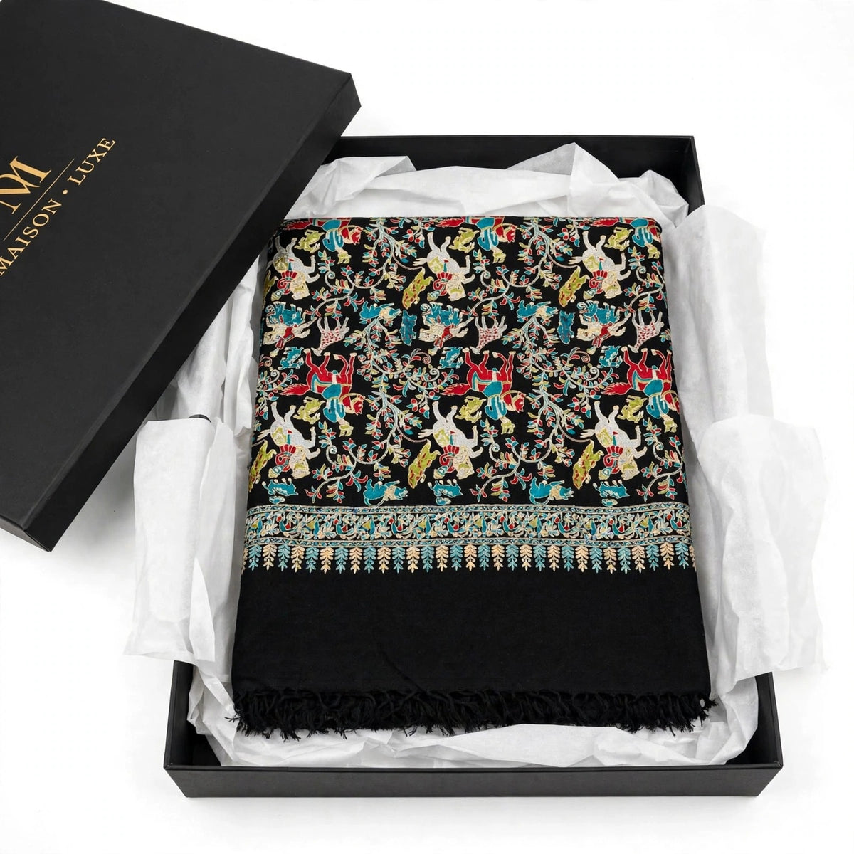 Black Shikargah Kani Pashmina Shawl  Multicolor Hunting Scene Embroidered Wool Shawl