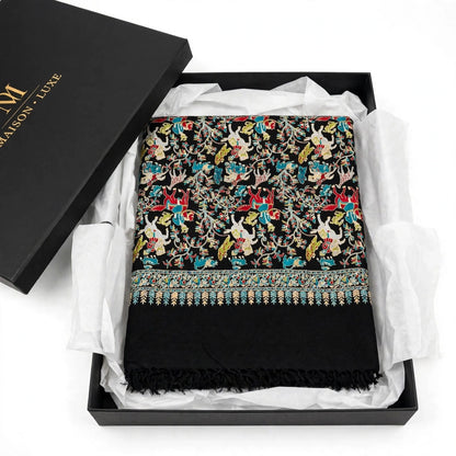 Black Shikargah Kani Pashmina Shawl  Multicolor Hunting Scene Embroidered Wool Shawl