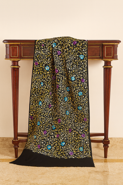 Luxury Black Pashmina Shawl – Multicolor Floral Aari Embroidery