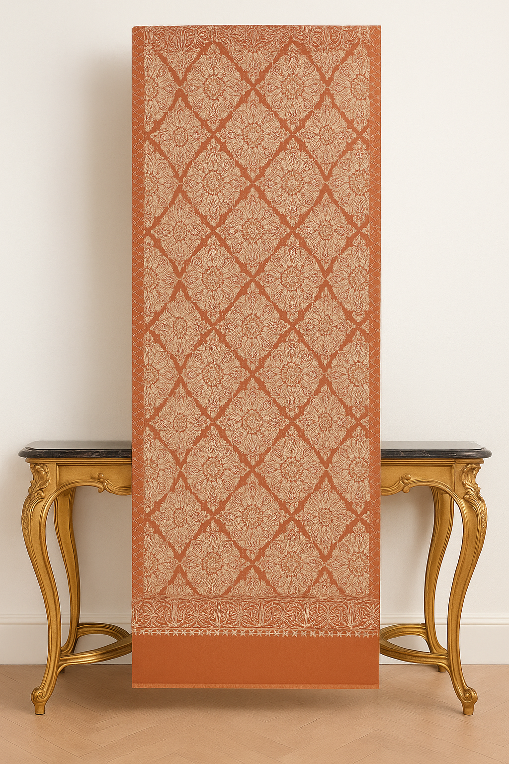 Luxury Rust & Cream Pashmina Shawl – Intricate Floral Weave