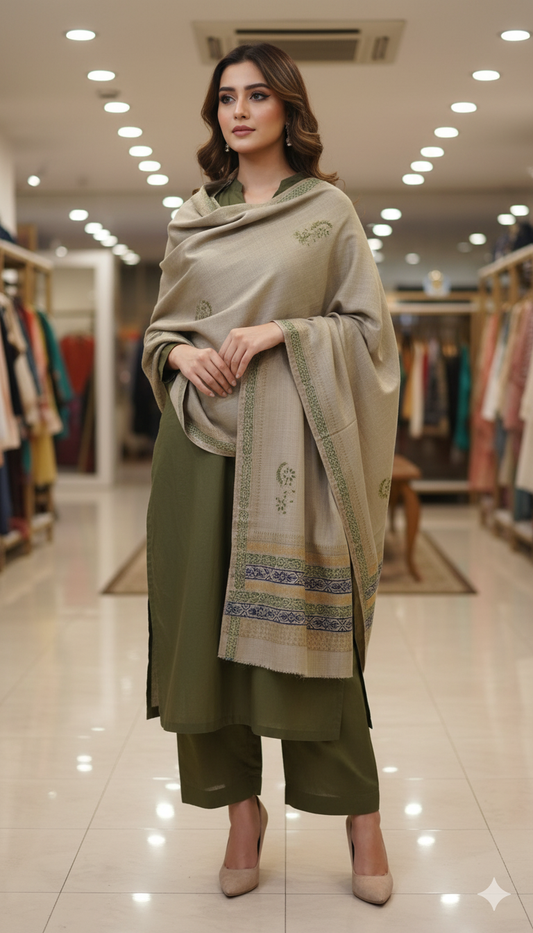 Elegant Pashmina Shawl with Block Print Detailing