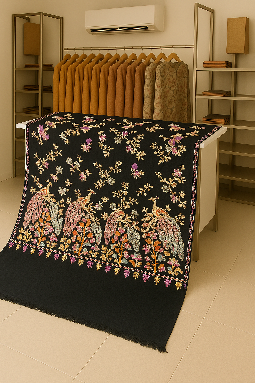 Luxury Peacock Embroidery Pashmina Shawl Midnight Black