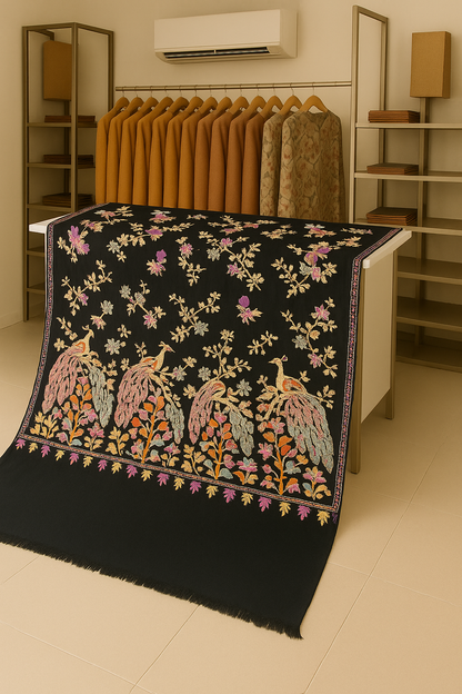 Luxury Peacock Embroidery Pashmina Shawl Midnight Black