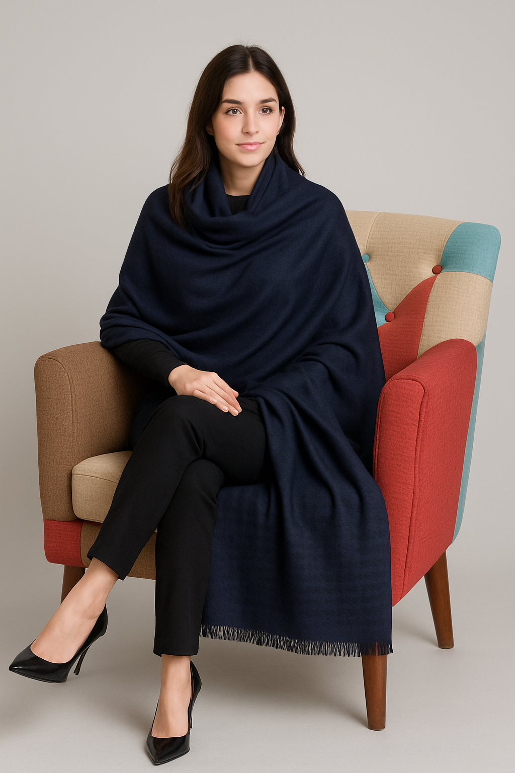 Elegant Navy Blue Houndstooth Winter Stoler