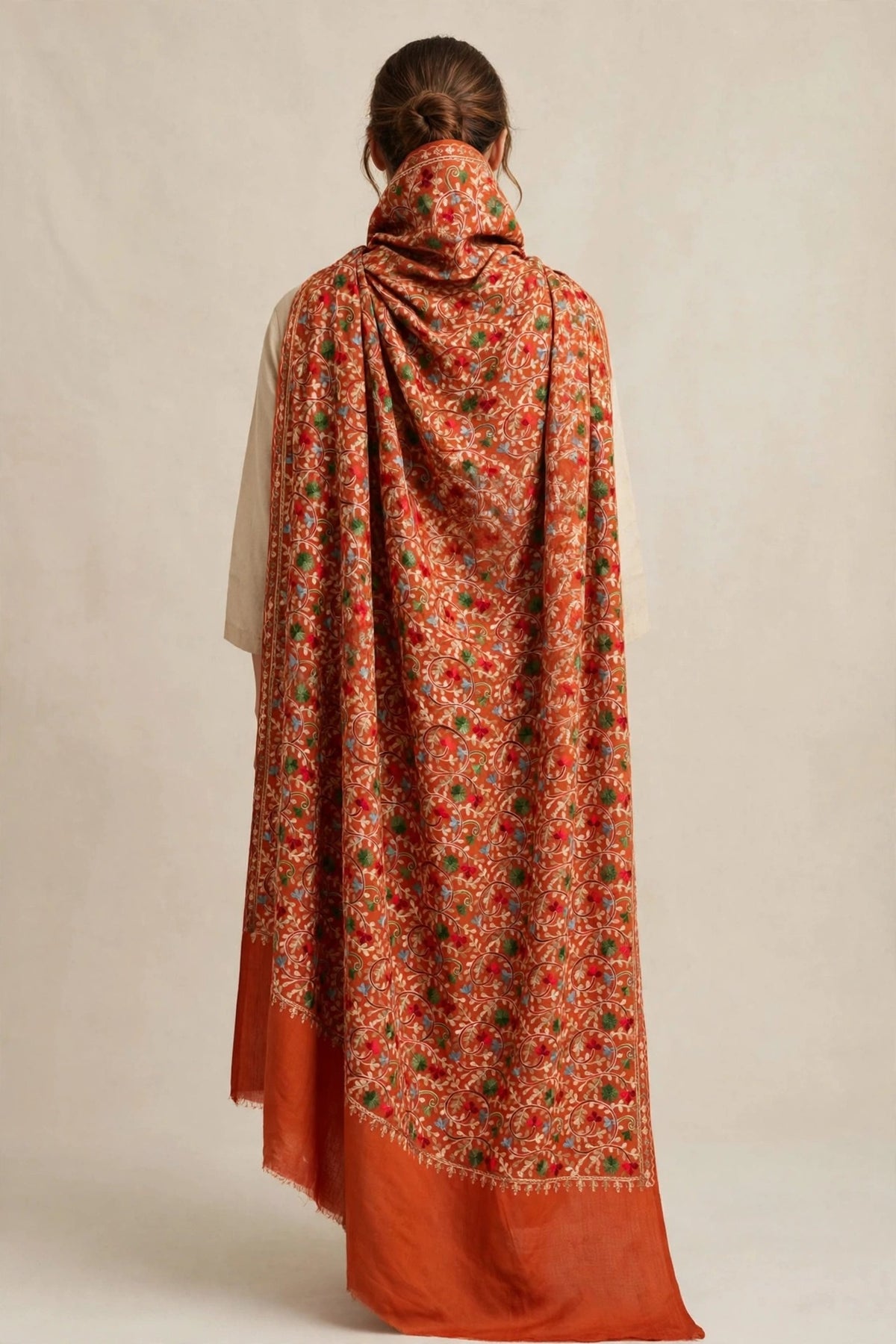 Rust Orange Pashmina Shawl with Aari Embroidery