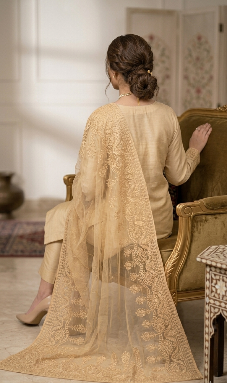 Beige Scalloped Soft Net Embroidered Dupatta