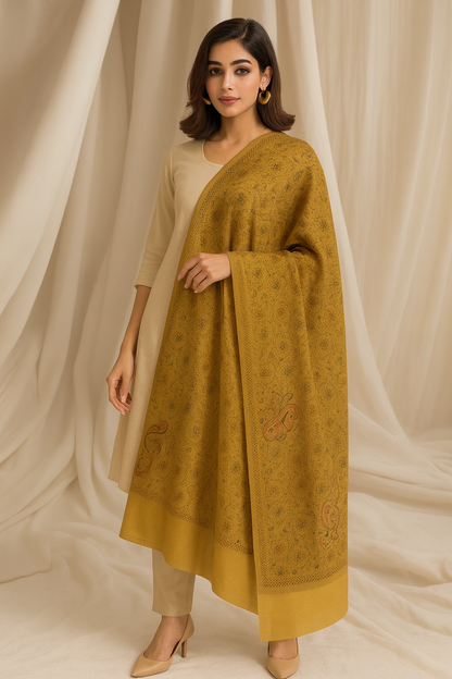Mustard Pashmina Shawl with Intricate Needle Embroidery