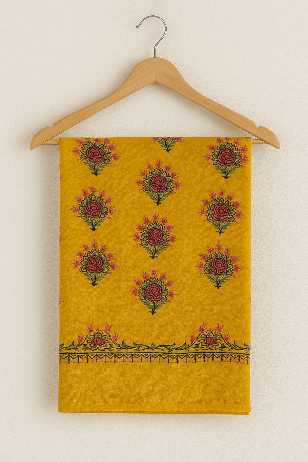 Mustard Yellow Embroidered Pashmina Shawl – Floral Grandeur