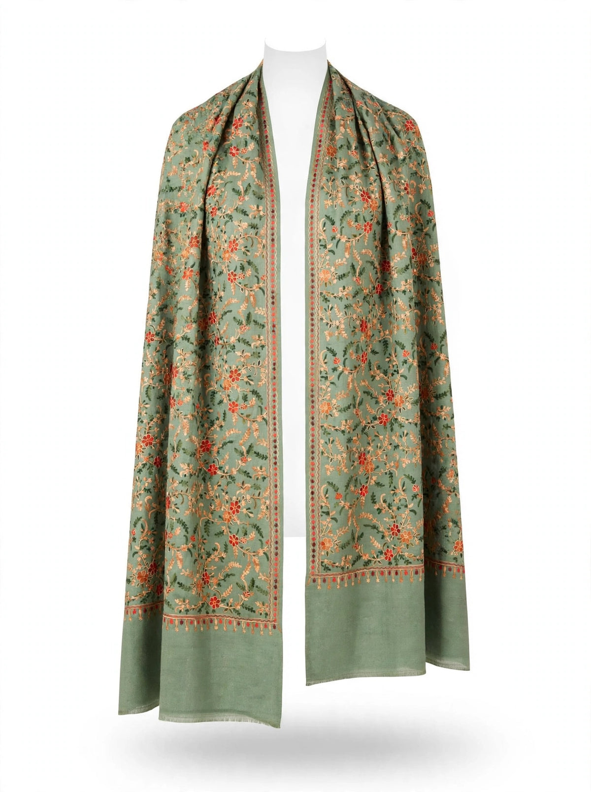 Sage Green All-Over Embroidered Pashmina Shawl - Kashmiri Aari Jaal Work