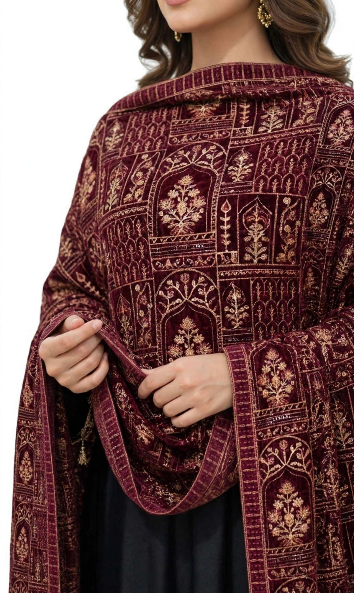 Luxurious Maroon Velvet Embroidered Shawl  Intricate Golden tilla Work Wrap