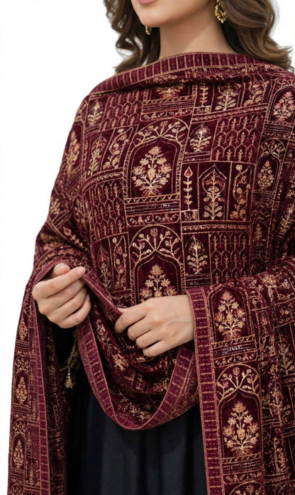 Luxurious Maroon Velvet Embroidered Shawl  Intricate Golden tilla Work Wrap