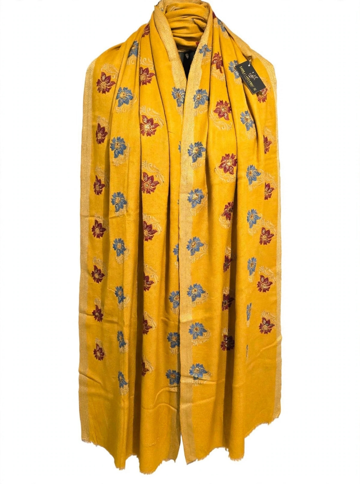 Mustard Bloom - Embroidered Pashmina Shawl with Floral Booti & Zari Border