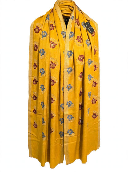 Mustard Bloom - Embroidered Pashmina Shawl with Floral Booti & Zari Border