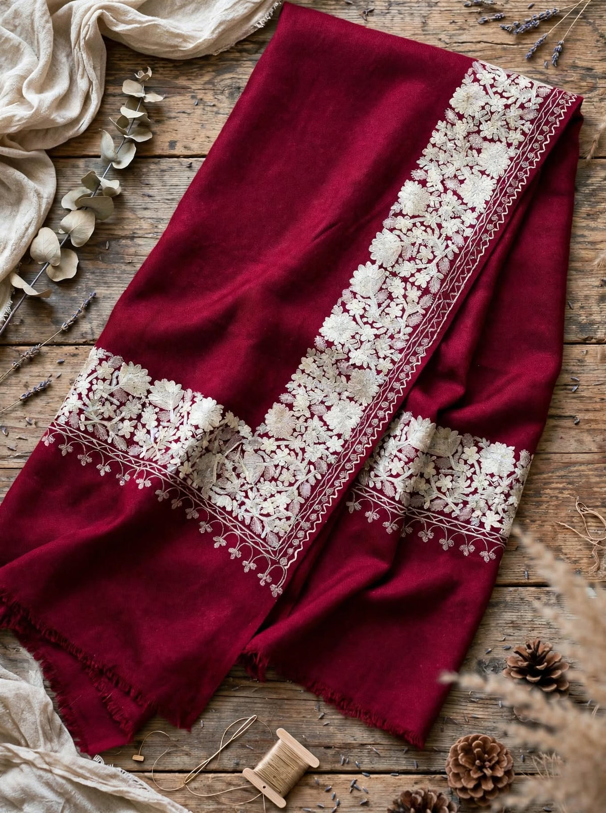 Burgundy Royal Embroidered Pure Pashmina Shawl with Ivory Floral Aari Work