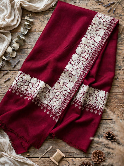 Burgundy Royal Embroidered Pure Pashmina Shawl with Ivory Floral Aari Work