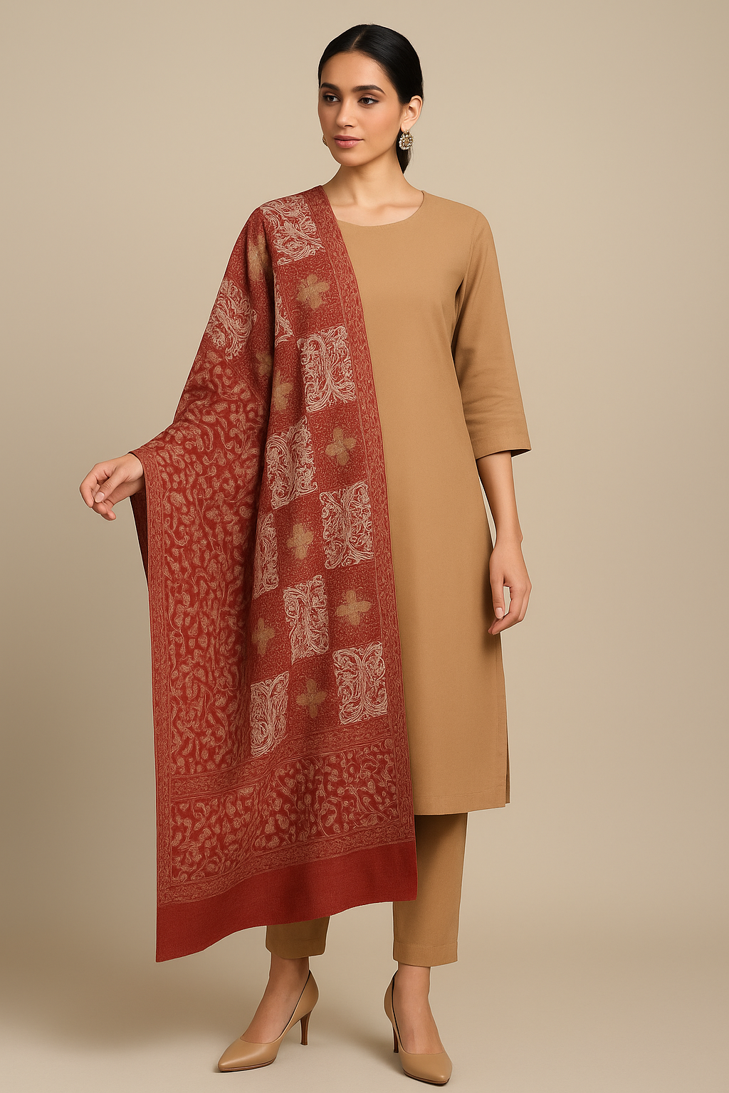 Rust Red Pashmina Shawl with Aari Embroidery