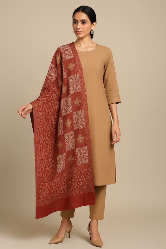 Rust Red Pashmina Shawl with Aari Embroidery