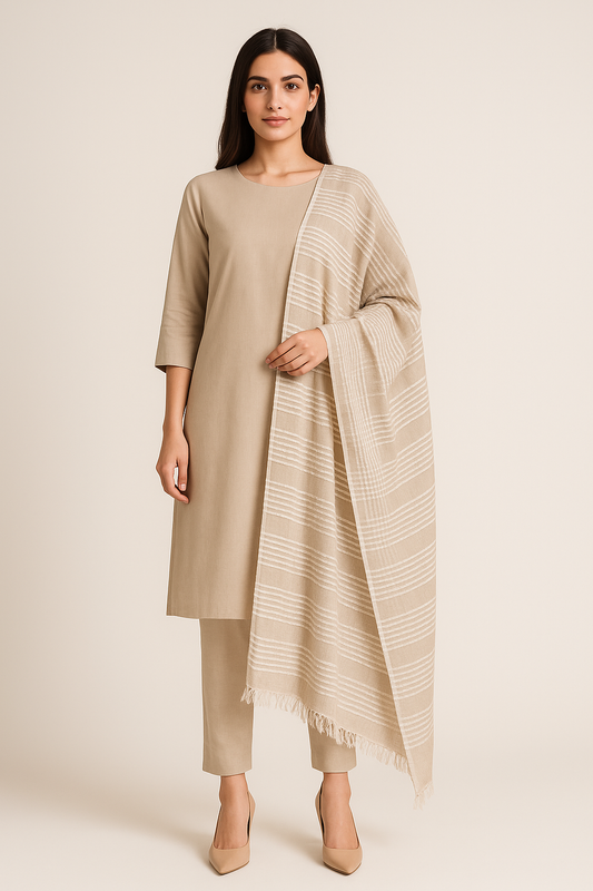Elegant Beige Striped Lawn Dupatta