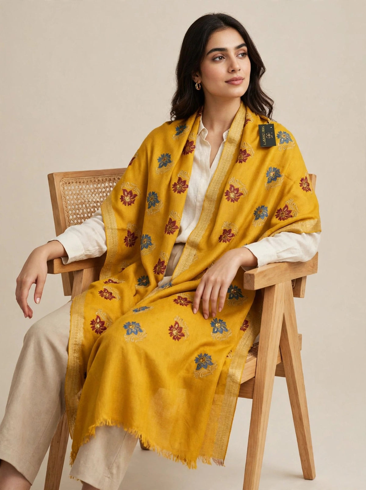 Mustard Bloom - Embroidered Pashmina Shawl with Floral Booti & Zari Border
