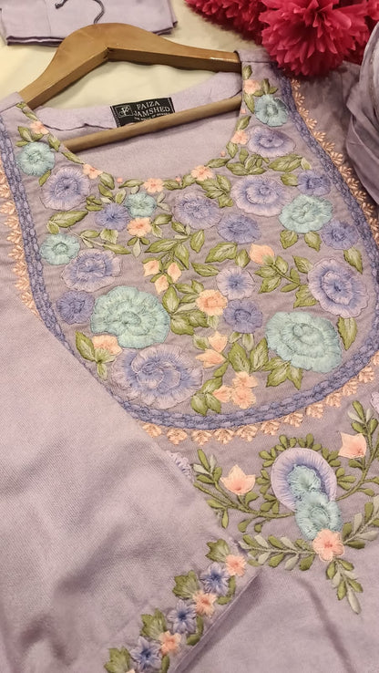 Embroidered Cotton Salwar Kameez Set | Machine Embroidery Neckline & Sleeves