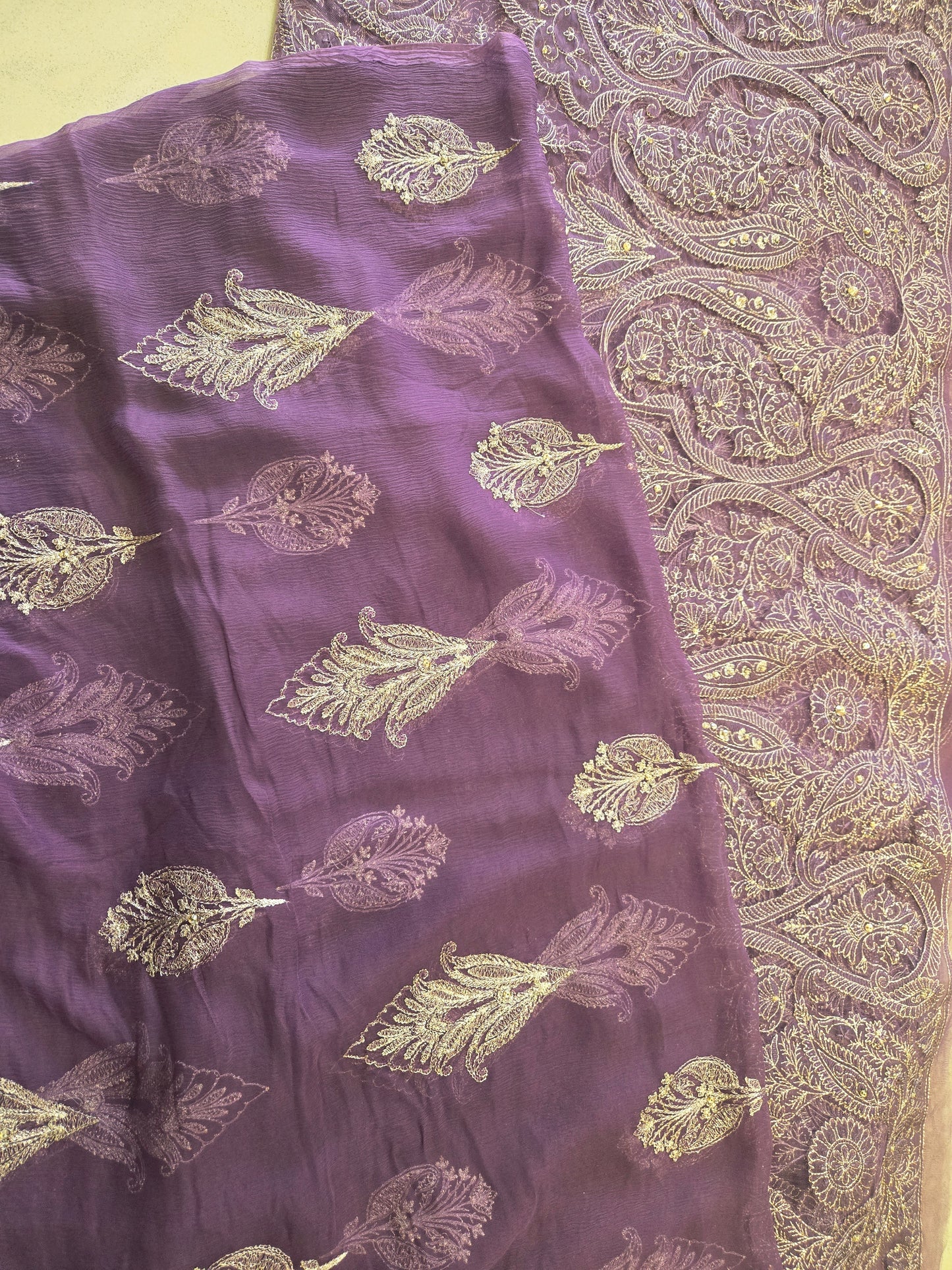 Ethereal Lavender Laser-Cut Net Embroidered 3-Piece Unstitched Suit with Chiffon Dupatta