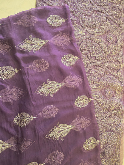 Ethereal Lavender Laser-Cut Net Embroidered 3-Piece Unstitched Suit with Chiffon Dupatta