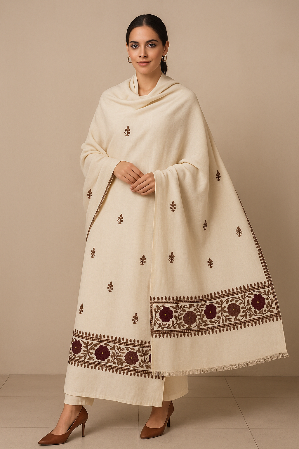 Ivory Pashmina Shawl with Maroon Floral Embroidery