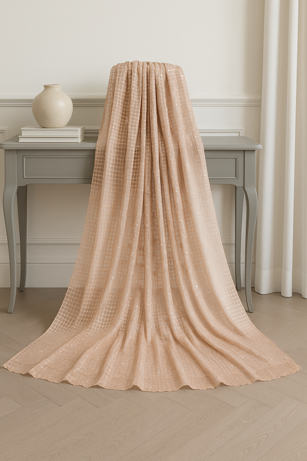 Peach Beige Embroidered Lawn Dupatta Elegant Evening Charm