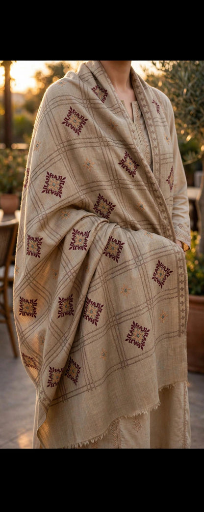 Noor Embroidered Beige Pashmina Shawl