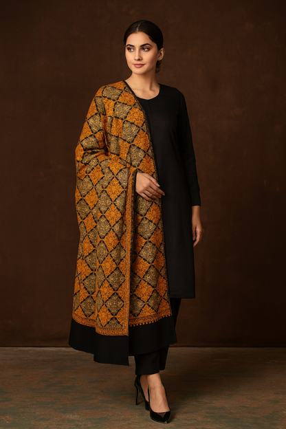 Luxury Aari Embroidery Pashmina Shawl Golden Black Elegance