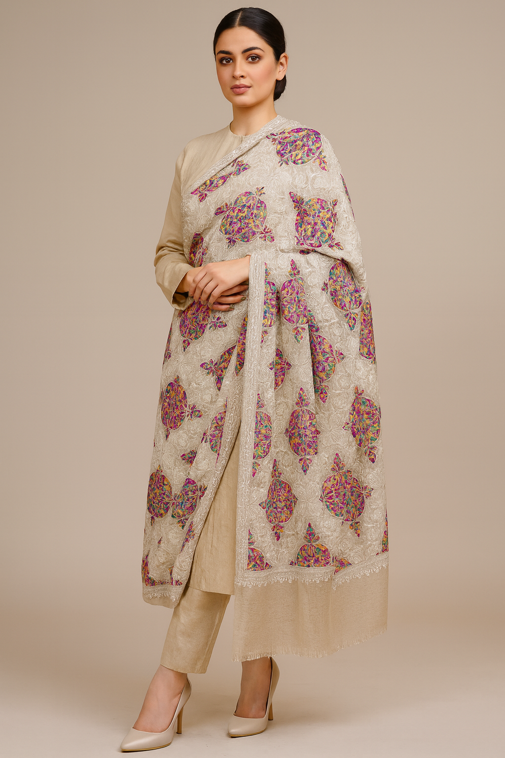 Luxury Multicolor Embroidered Shawl – White Base Elegance