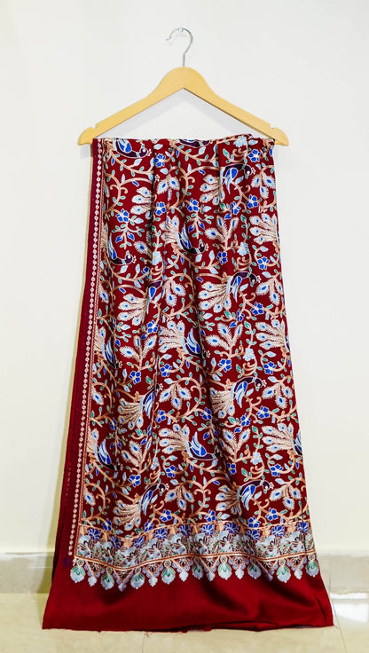 Luxury Maroon Pashmina Shawl with Intricate Multi-Colored Embroidery