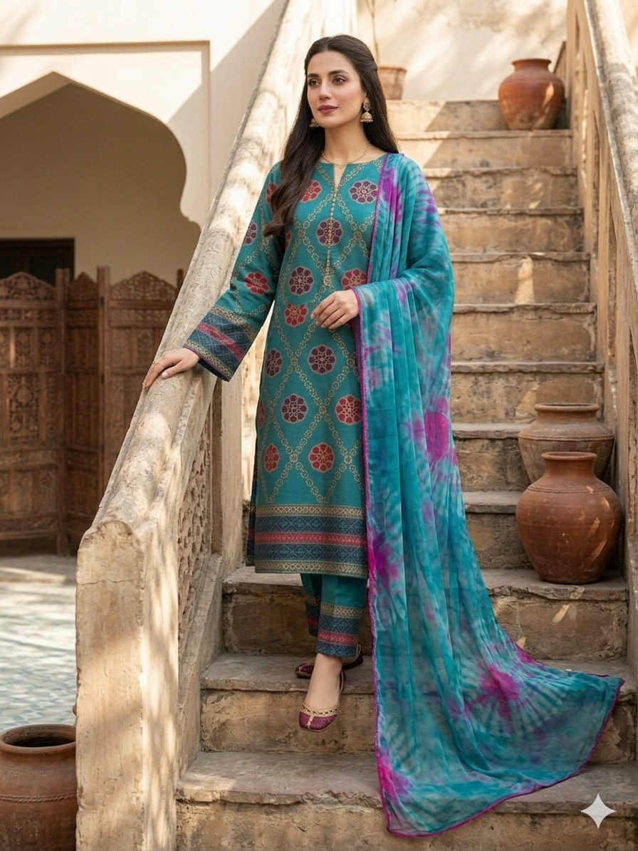 Elegant Teal Kattan Silk Hand-Block Printed Suit