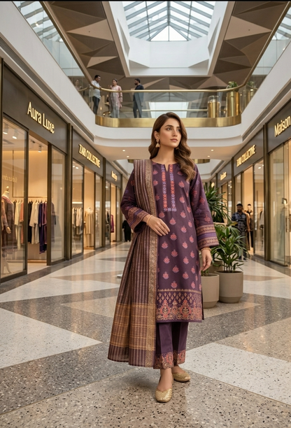 Royal Mauve Hand-Block Printed Lawn Ensemble
