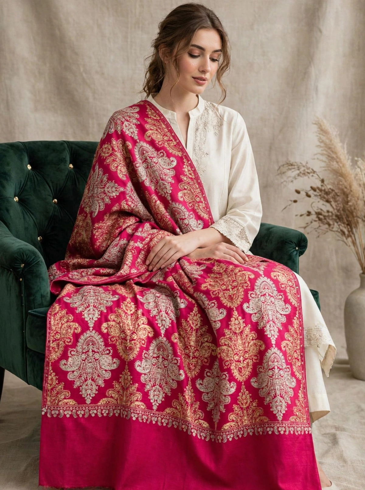 Magenta Pink with Gold & Silver Damask