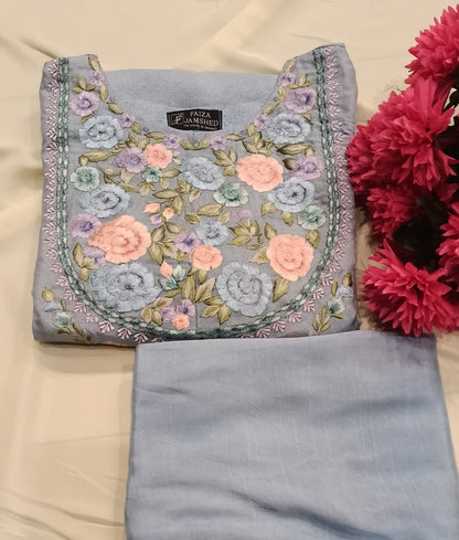 Powder Blue Embroidered Cotton Salwar Kameez Set  Floral Neckline & Sleeve Embroidery with Crushed Dupatta – Ready to Wear 3-Piece Suit