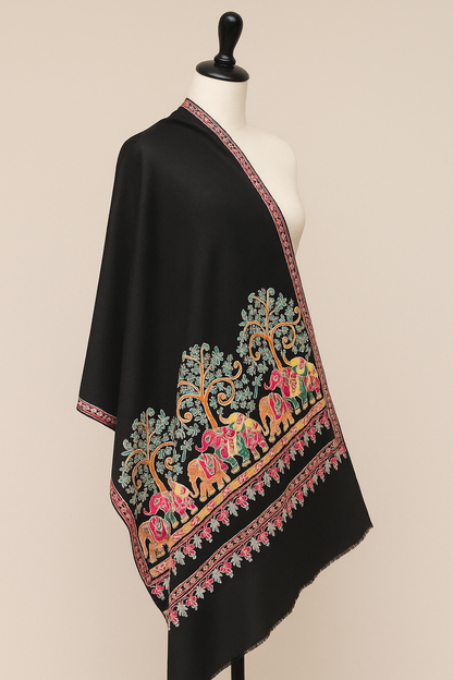Luxury Pashmina Elephant Embroidery Shawl Black