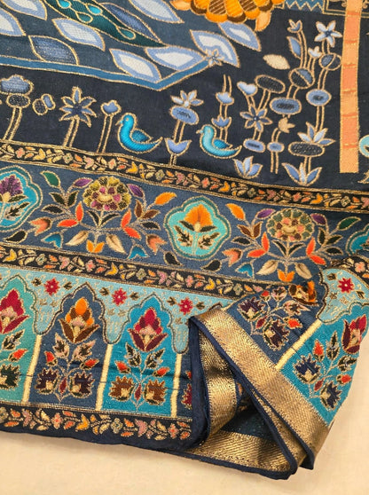 Teal Blue Mughal Darbar Minakari Shawl - Premium Kaani Pashmina Shawl