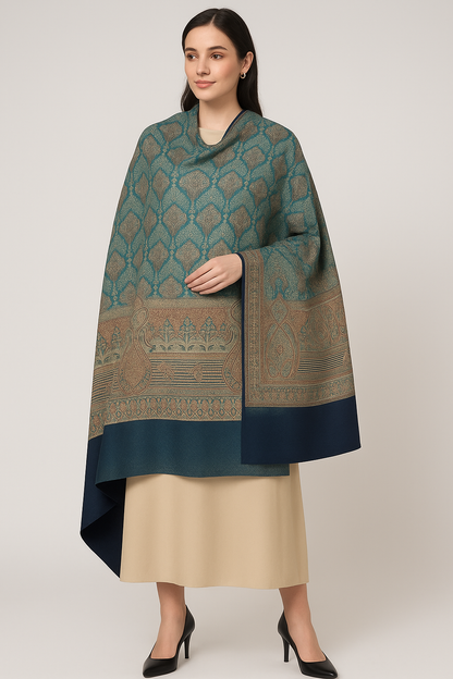 Luxury Pashmina Shawl Teal & Beige Paisley Elegance