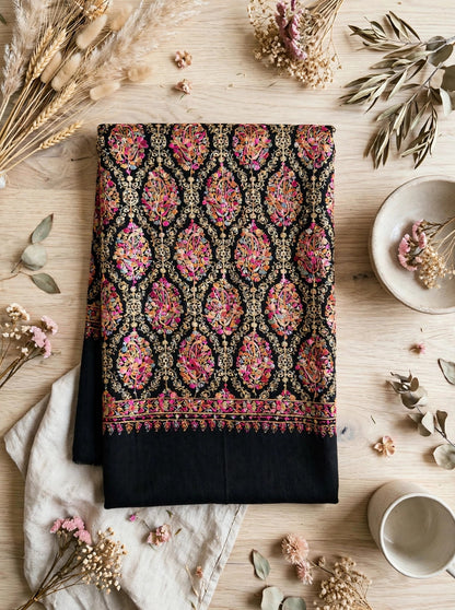 Black Pashmina Shawl with Multicolor Aari Embroidery
