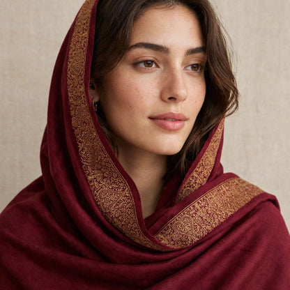 Maroon Gold Embroidered Pashmina Shawl - Luxury Wool Wrap