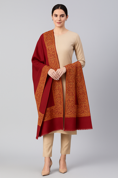 Maroon Pashmina Shawl with Mustard Embroidery Border