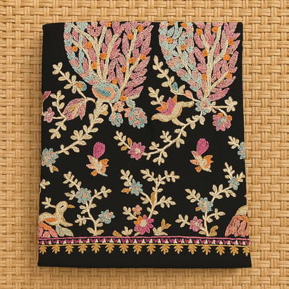 Luxury Peacock Embroidery Pashmina Shawl Midnight Black