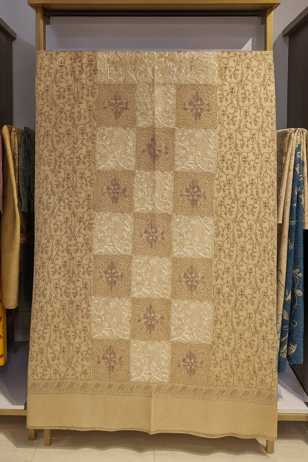 Elegant Pashmina Shawl with Aari Embroidery Warm Beige & Maroon Tones