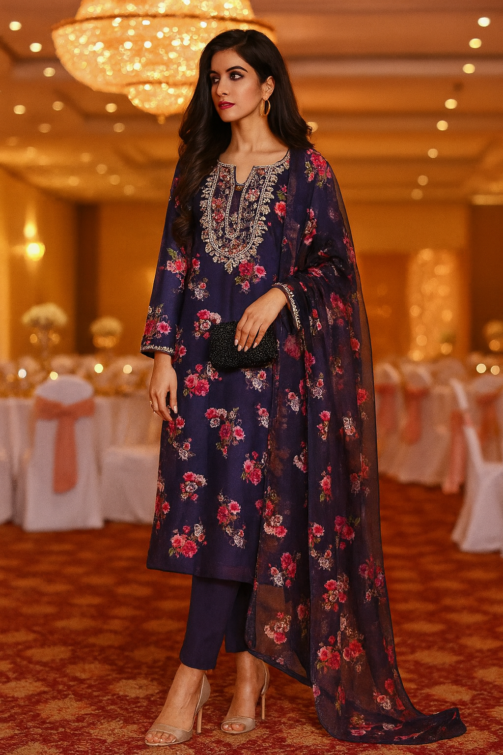 Floral gota hand embroidery neckline